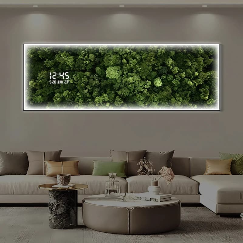 Foresta di ossigeno verde Decorazione del soggiorno Pittura Orologio digitale elettronico Divano Sfondo Lampada murale luminosa sospesa a parete