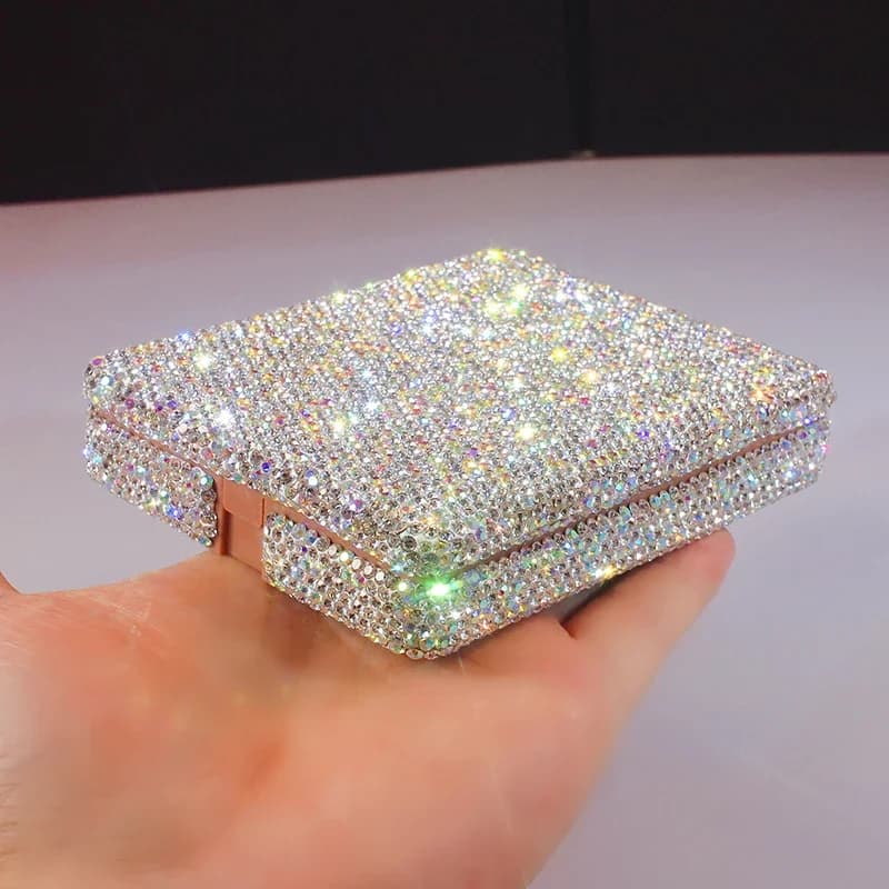 Set di Pennelli da Trucco Mini Portatile con Scatola Portaoggetti a Specchio con Strass, Pennello per Ombretto, Pennello per Cipria, Pennello per Fondotinta, Organizer Morbido, Regali