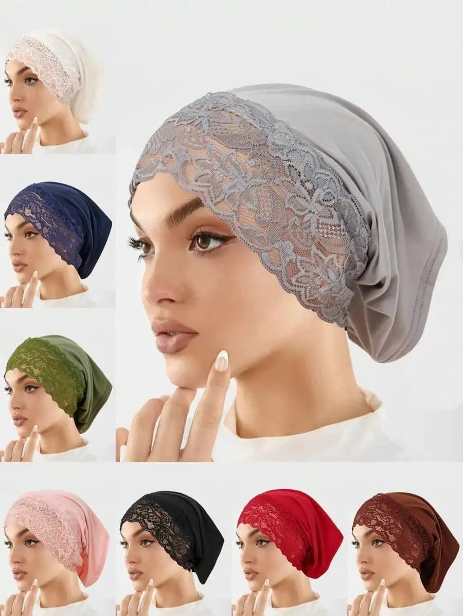 Turbante a tinta unita con bordo in pizzo per donne, copricapo musulmano
