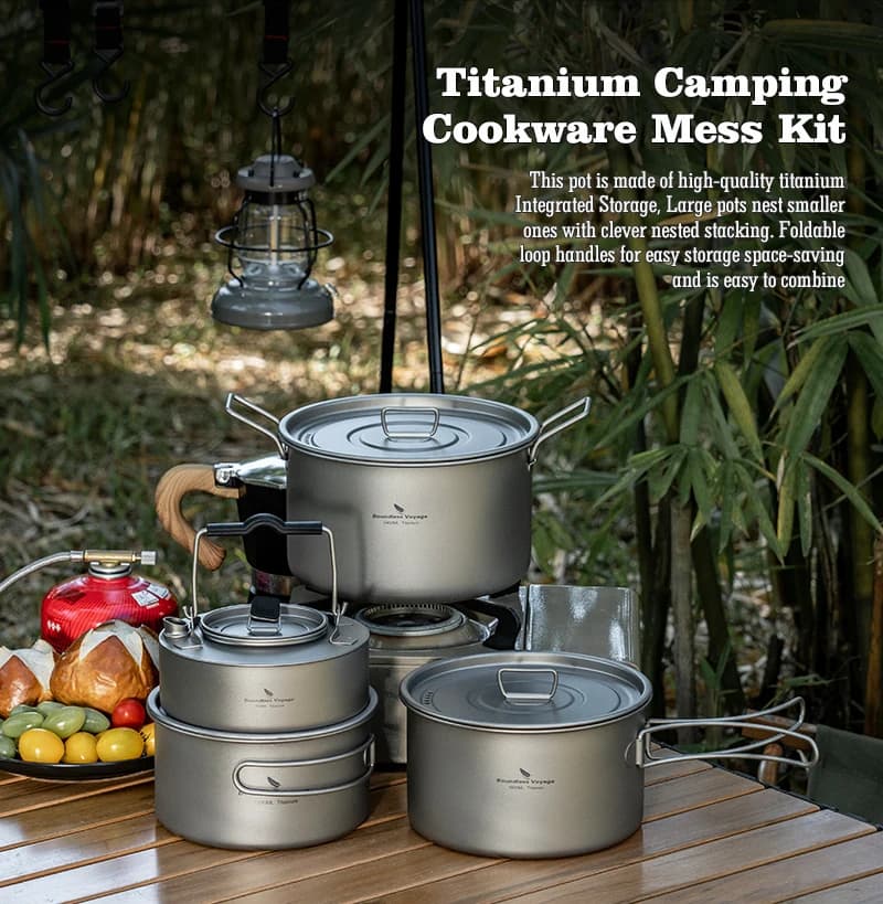 Boundless Voyage Titanium Kettle & Pot & Frying Pan Combo Set Capacity Camping Cookware Outdoor Picnic Skillet Griddle Tableware