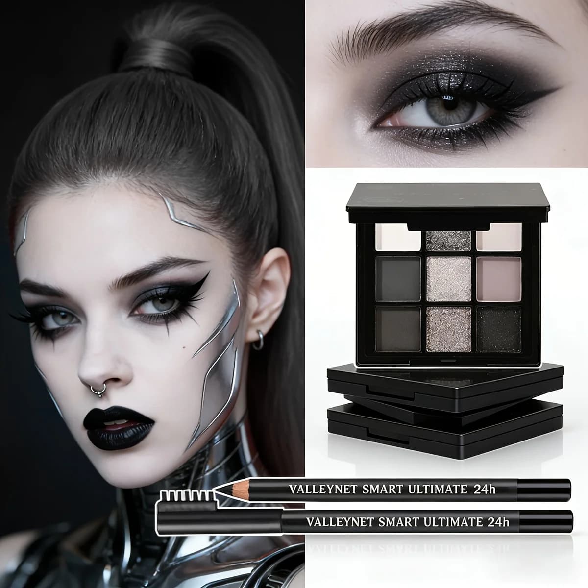 2-piece black eye makeup set: eyebrow pen with brush and 9-color umbrella, matt/metallic/gloss, waterproof, natural daily look and punk