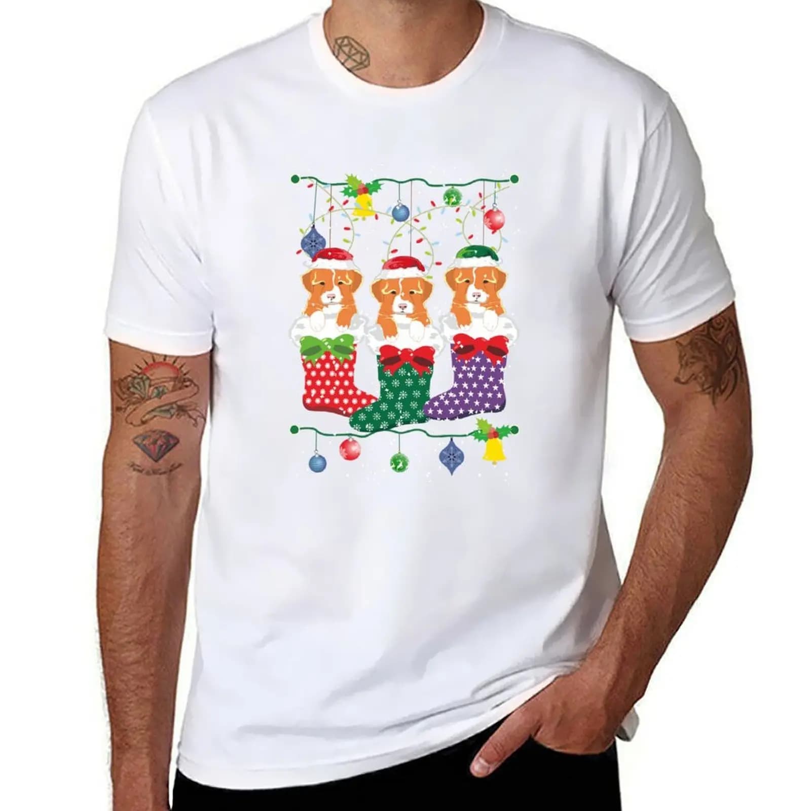 T-shirt with Christmas socks Nova Scotia Duck Tolling Retriever, simple short sleeve shirt to wear every day