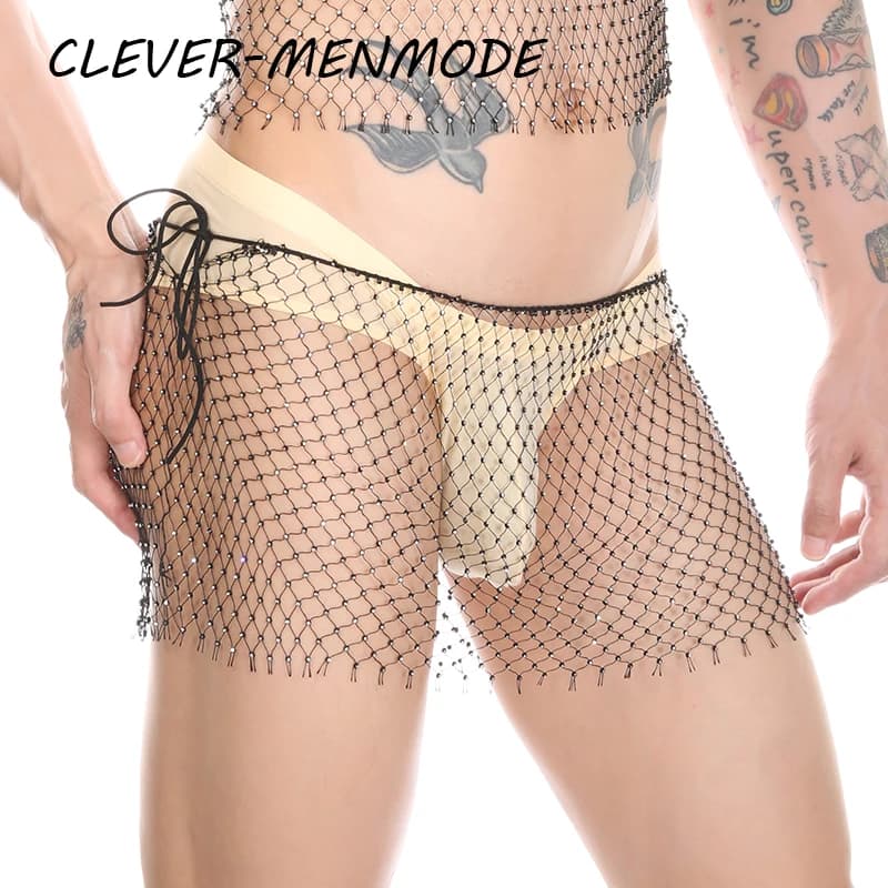 Pantaloncini Boxer a rete con diamanti Glitter trasparenti Sexy da uomo mutandine erotiche trasparenti con foro a rete Stage Club Outfit Sex Lingerie Sissy
