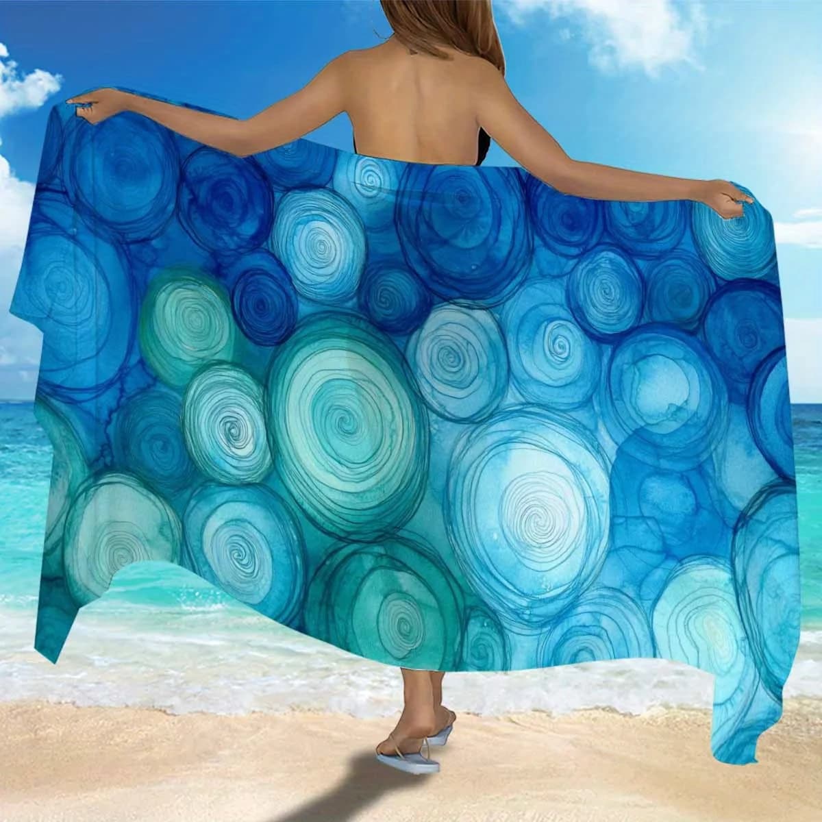 Sarong blu con motivo circolare, grande, altamente assorbente, ad asciugatura rapida per viaggi, campeggio, estate