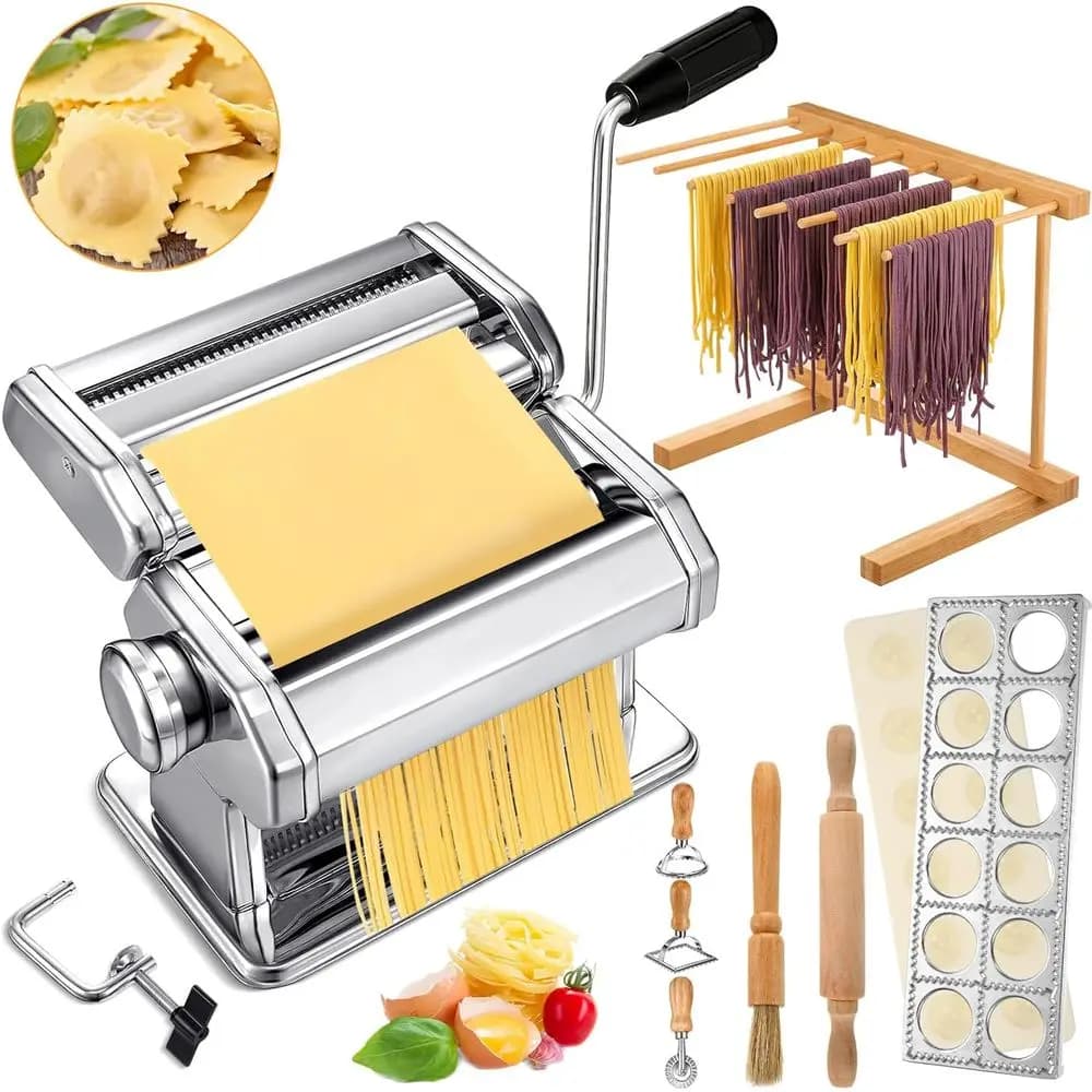 Set per Fare la Pasta da 8 Pezzi con Macchina per Pasta in Acciaio Inox, Stendipasta in Legno, Stampo per Ravioli, Tagliapasta e Spazzola per la Pulizia