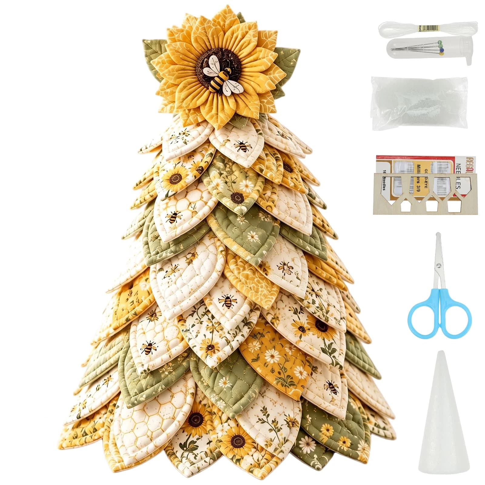 Vintage Style DIY Quilted Sunflower Bee Patchwork Christmas Tree Handcraft Beginner 3D Tabletop Christmas Sewing Kit Santa Claus