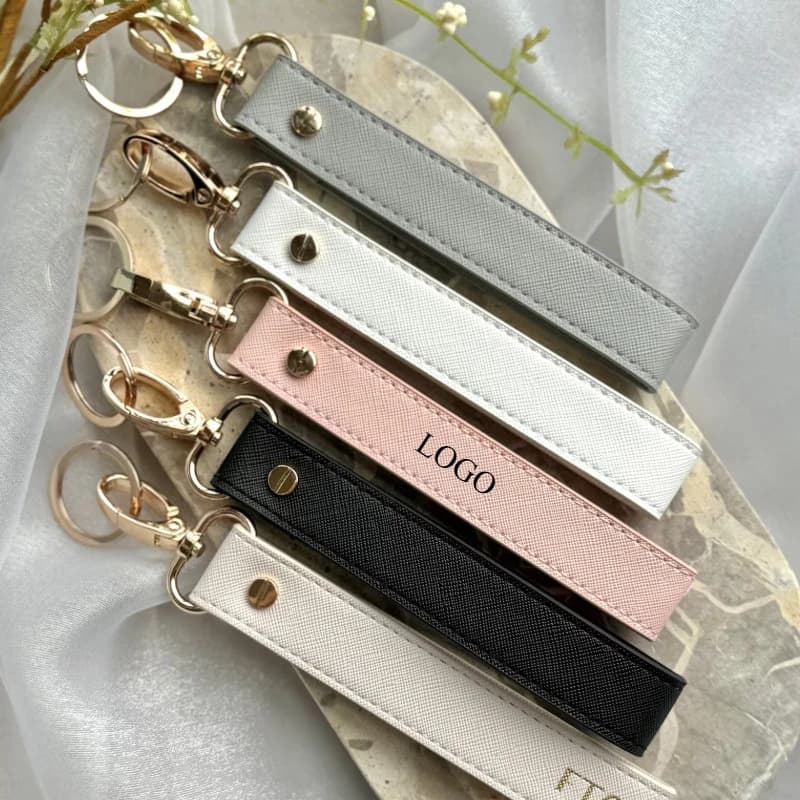 Custom Logo Keyring Car Keychain with Empty PU Leather Laser Engraving Custom Keychain with Anti Loss Rope Wholesale