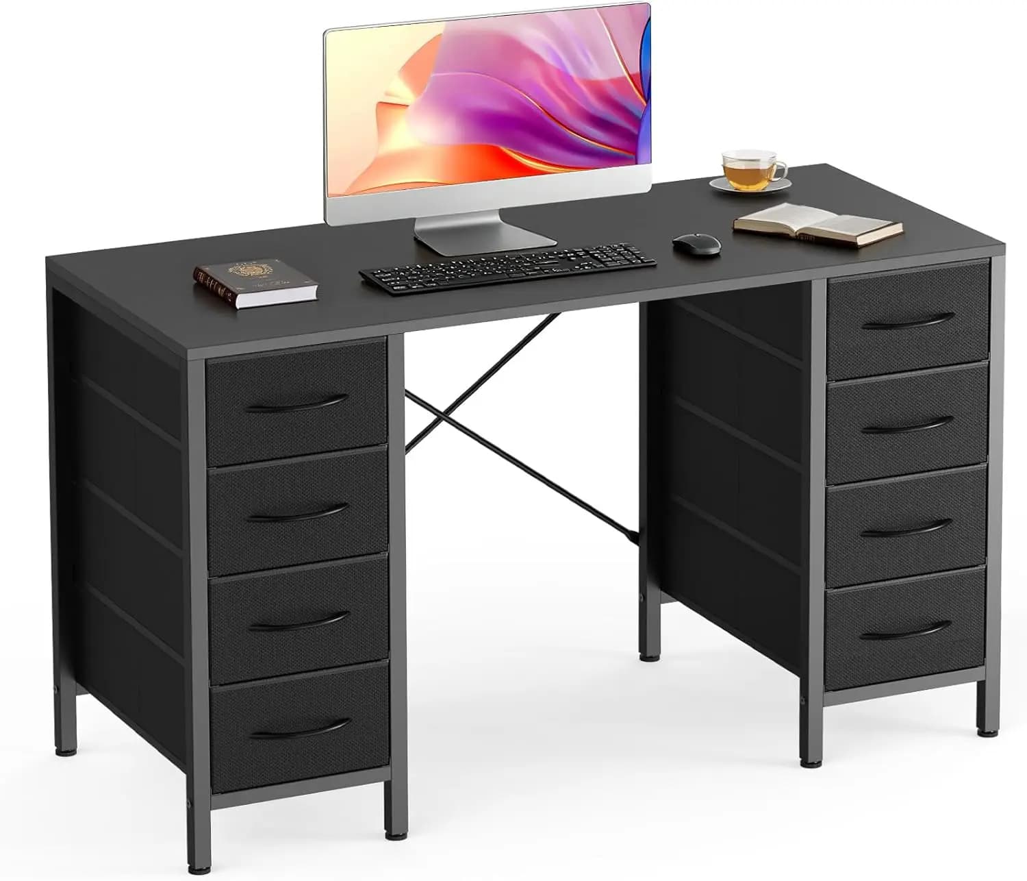 Scrivania per computer da 47 pollici con 8 cassetti in tessuto, tavolo da ufficio rinforzato a forma di X per gaming, nero