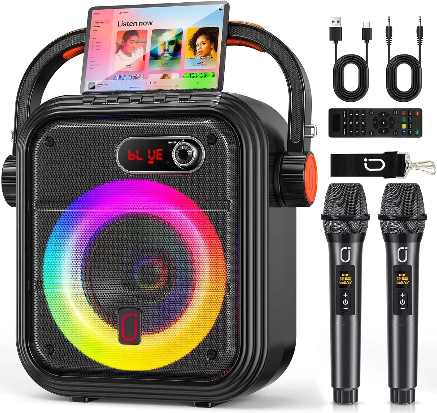 Macchina per Karaoke con 2 Microfoni Wireless, Altoparlante Bluetooth PA per Adulti, Controllo Alti/Bassi con Luci Disco RGB, TWS Ste