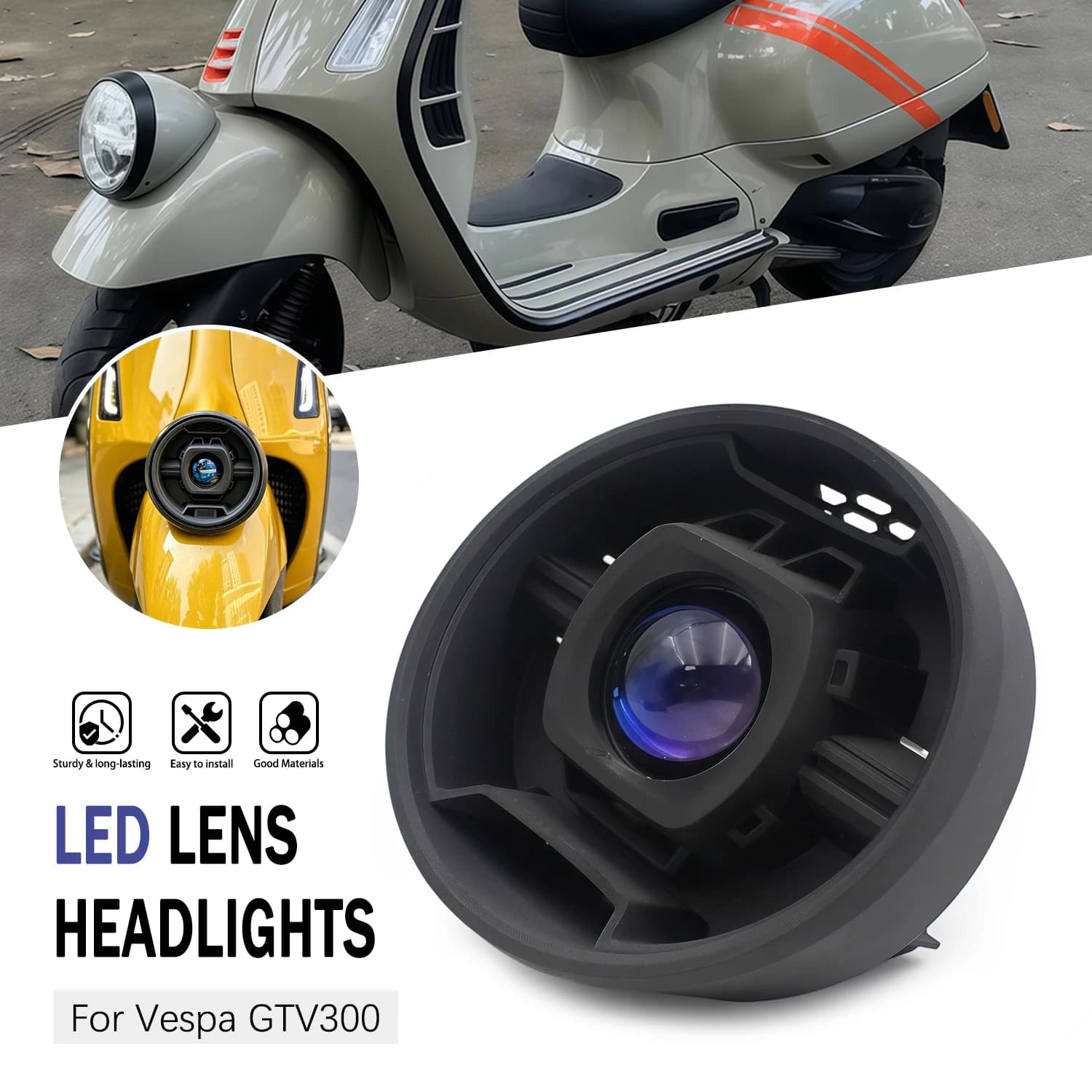 Motorcycle Part Round Headlamp Moto Headlight For Vespa GTV300 2024 2025 2026 Six Day