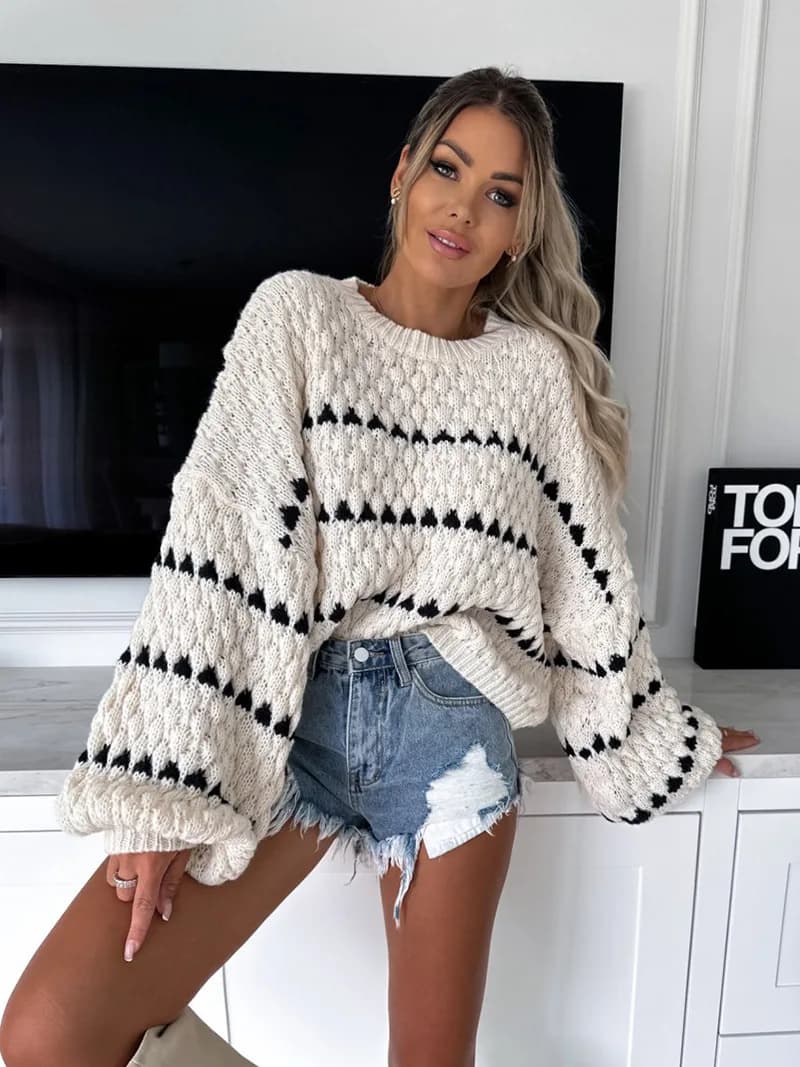 Autunno e inverno nuove donne maglione moda casual ago grossolano fiore di canapa a righe girocollo maglione allentato semplice tutto-fiammifero