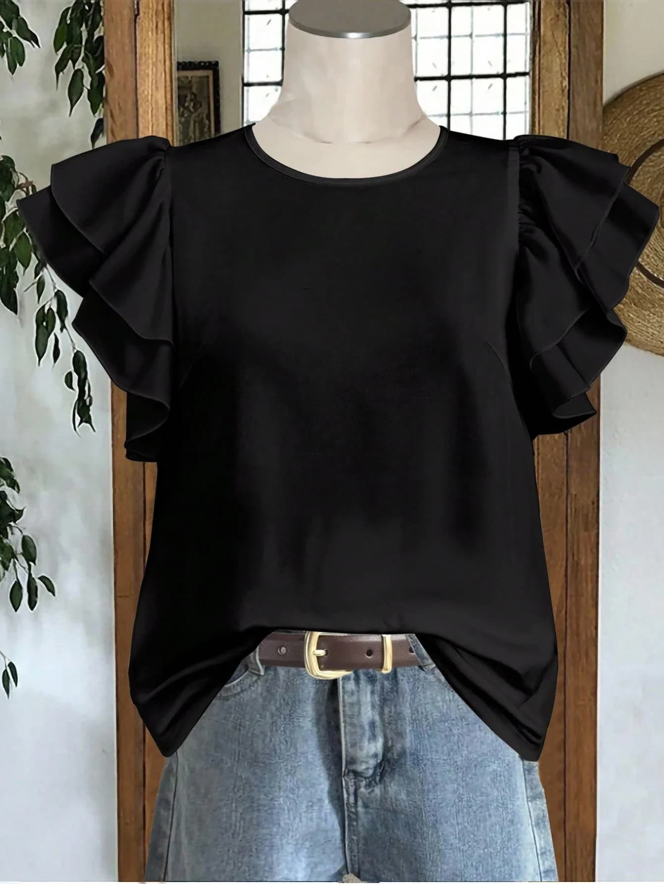 Casual Black Round Neck Double Layer Ruffle Sleeve Women Blouse