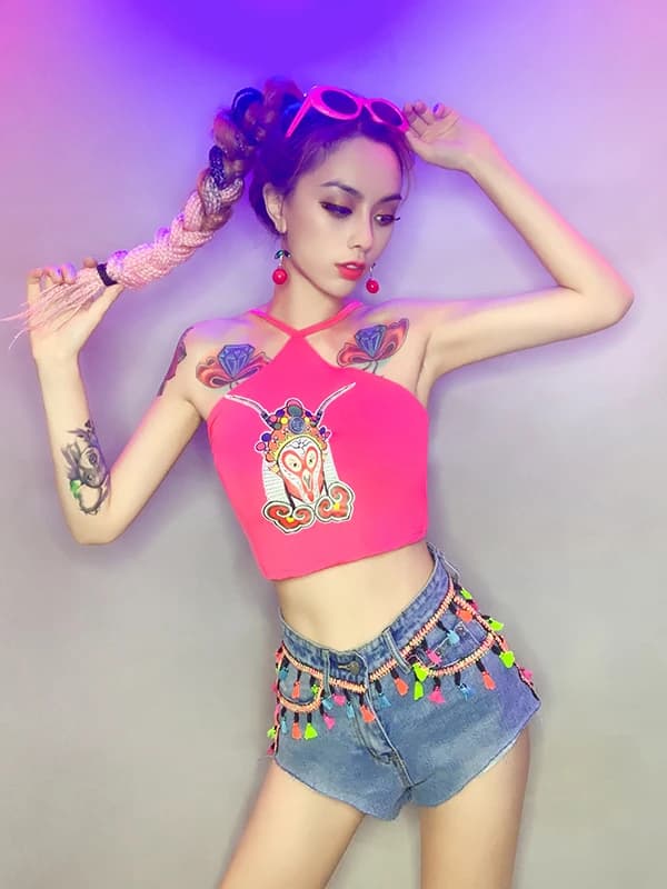 Completo Set Costume da Ballo Promozionale Sexy per Performance da Bar, Top con Spalline e Shorts in Denim, Abbigliamento da Palcoscenico per Donne 18-25 Anni