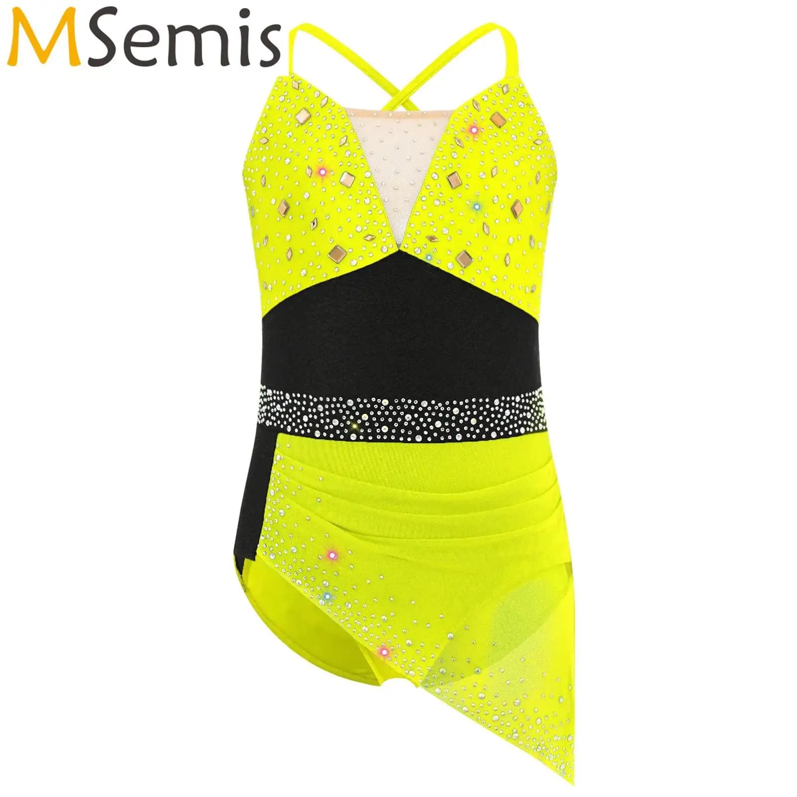 Bambini Ragazze Ginnastica Strass scintillanti Body increspato Vestito Artistico Pattinaggio di figura Balletto Costume da spettacolo di danza lirica
