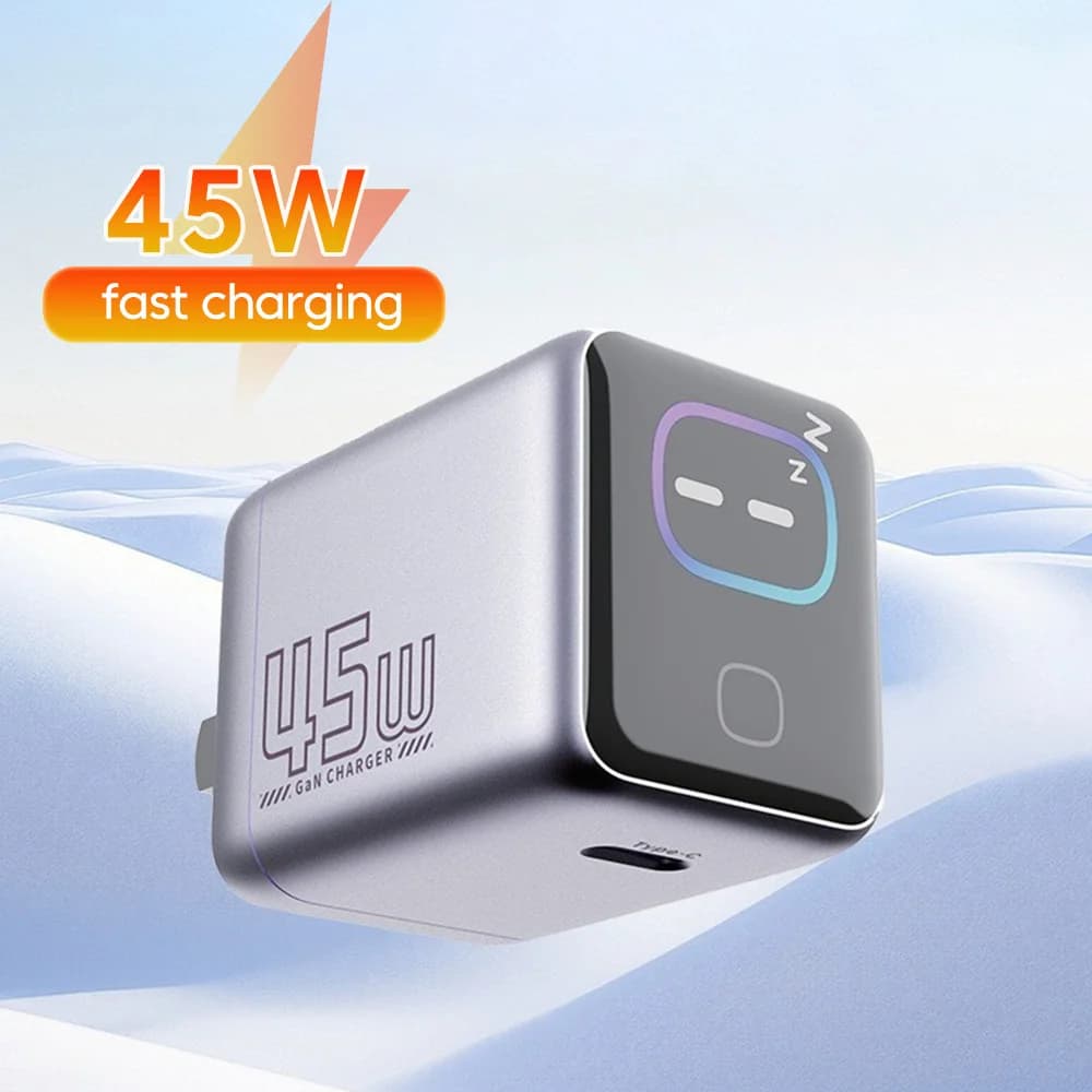 Caricatore GaN da 45W con porta Type-C PD45W a ricarica rapida e display AI intelligente per iPhone, Xiaomi, Huawei, Samsung e altri cellulari.