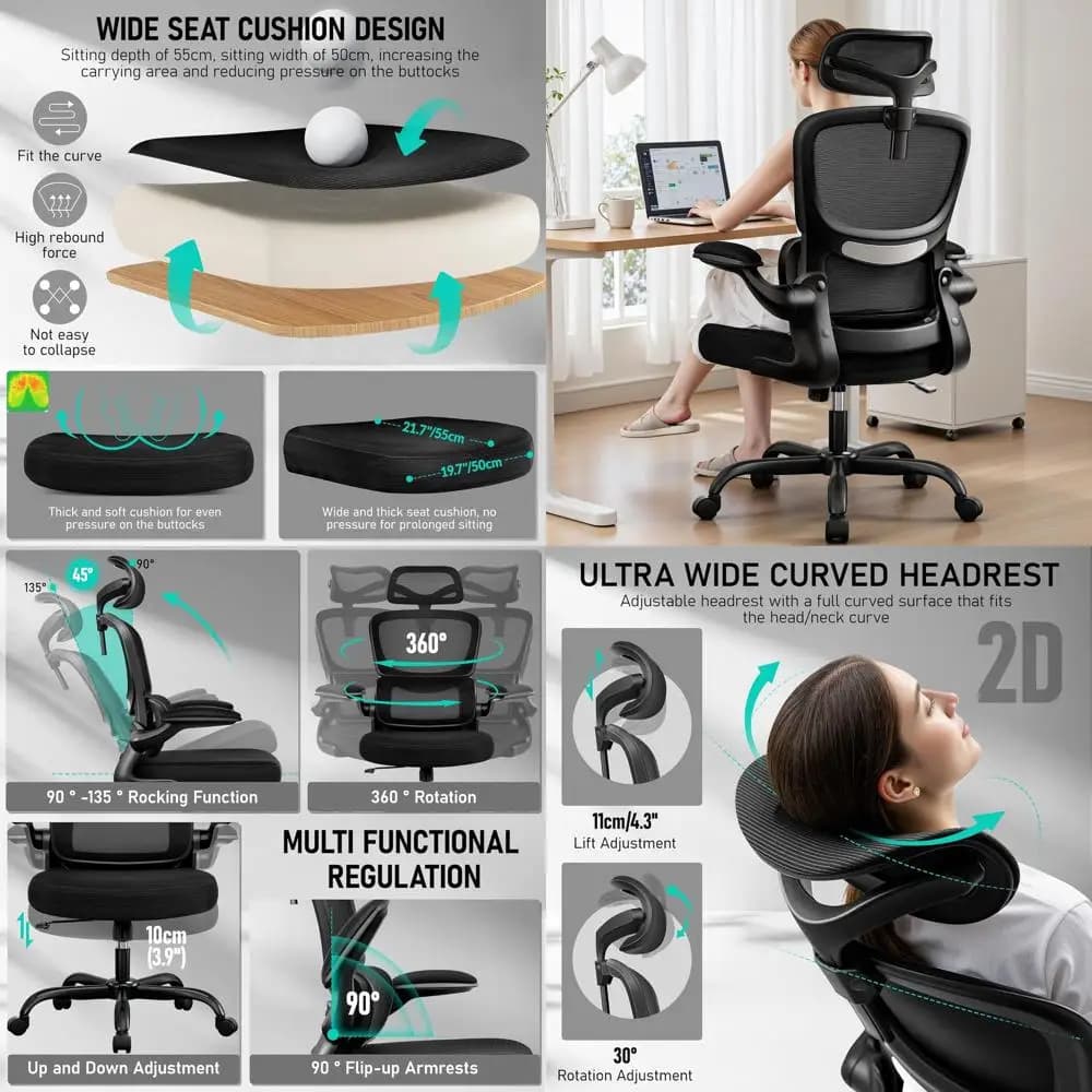 Sedia da Ufficio Ergonomica con Schienale Alto, Rete Traspirante, Supporto Lombare, Braccioli Regolabili, Sedia da Gaming Nera