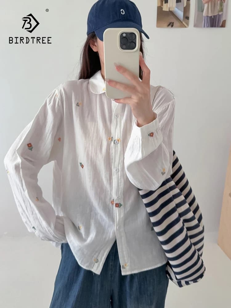 New 2026 Summer Women Cotton Yarn Long Sleeve Shirt, Turn-down Collar Embroidery, Mori Girl Preppy Style Loose Blouse T66357CC