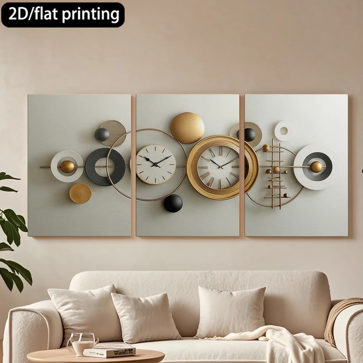 Stampa piatta 2D, quadro decorativo su tela con cornice in legno a 3 pezzi, orologio da parete, elementi geometrici. Decorazione per corridoio e camera da letto.