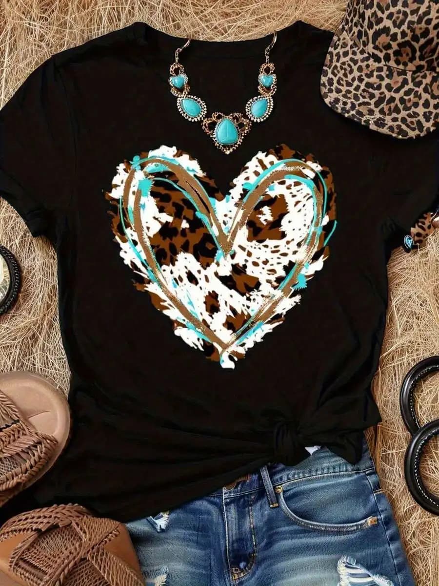 Plus Size Womens Graphic Tee - Leopard Print Heart Design, Soft Stretch Crew Neck Short Sleeve T-Shirt, Casual Top For Spring
