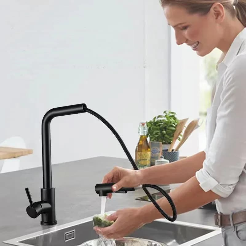 Rubinetto da cucina estraibile nero, flessibile, 2 modalità getto e spruzzatore, in acciaio inossidabile, miscelatore acqua calda e fredda da piano