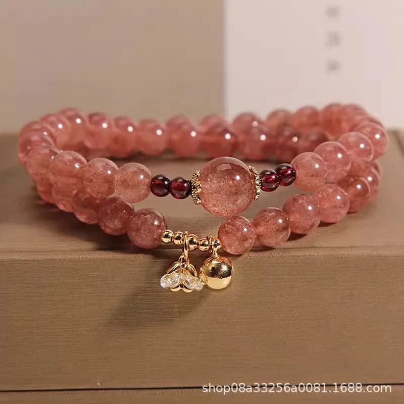 Bracciale rosa naturale da donna di nicchia leggero di lusso doppio strato di cristallo di fragola squisito braccialetto a strati regalo per la fidanzata