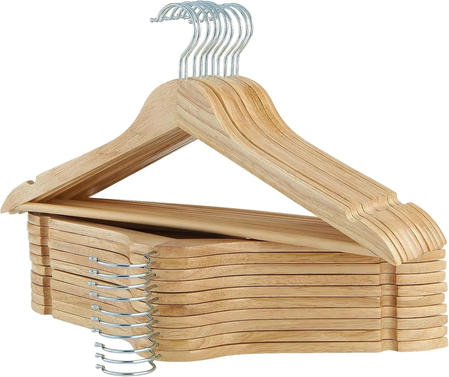 Confezione da 20 appendiabiti in legno massello con finitura liscia, gancio girevole cromato e intagli per camicie, cappotti, giacche, vestiti - Naturale