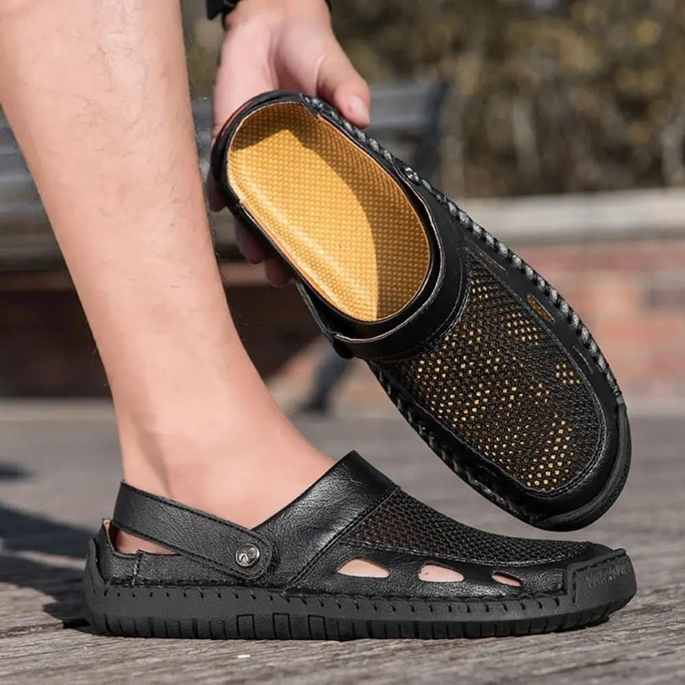Men's Fisherman Style Closed-Toe Mesh Sandals, Hollow Breathable Slip-On Casual Shoes, Handmade Comfortable Outdoor & Beach Sandals