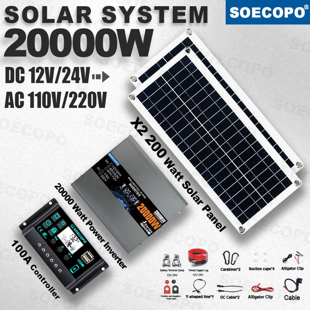 Off-Grid Stable Power 20000W Solar Kit+100A Controller+2×200W Panel+12V/24V DC 110V 220V AC Inverter Durable for Picnic Garden
