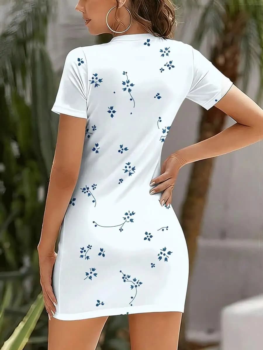Abito estivo casual da donna a maniche corte, aderente, blu con stampa floreale, girocollo, mini abito per vacanze al mare