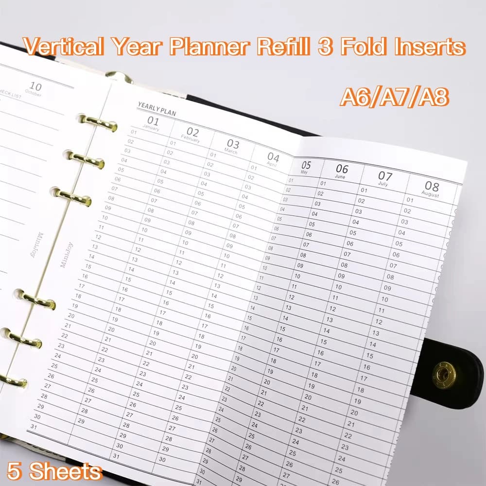 A6 A7 M5 3 Fold Year Planner Refill Inserts Loose Leaf Notebook Paper Daily Schedule Memo Event Tracking Stationery Supplies