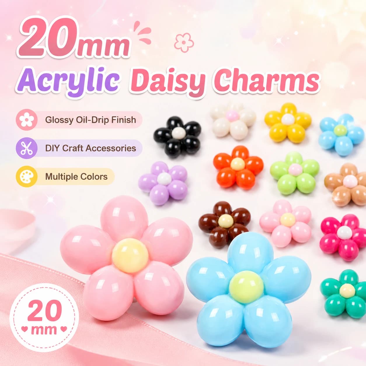 20Pcs 20mm Acrylic Daisy Flower Beads, Colorful Oil Drip Five-Petal Design with Rounded Straight Hole for Hair Clips & Crafts