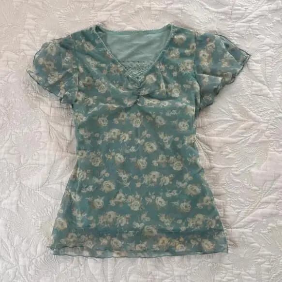 T-shirt anni '90 Vintage Donna Top Estate Slim Gyaru Y2k Estetica Fiore Grafica Shoujo Ragazza Stile Tees Camicia con scollo a V Dolce Kpop Carino