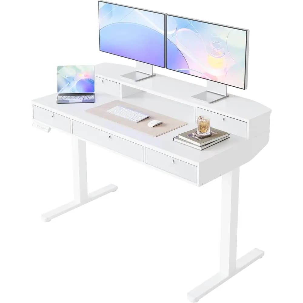 24x48 Inch Electric Standing Desk, 4 Drawers, Adjustable Height, 2-Tier, Ergonomic C-Clamp Monitor Mount, White