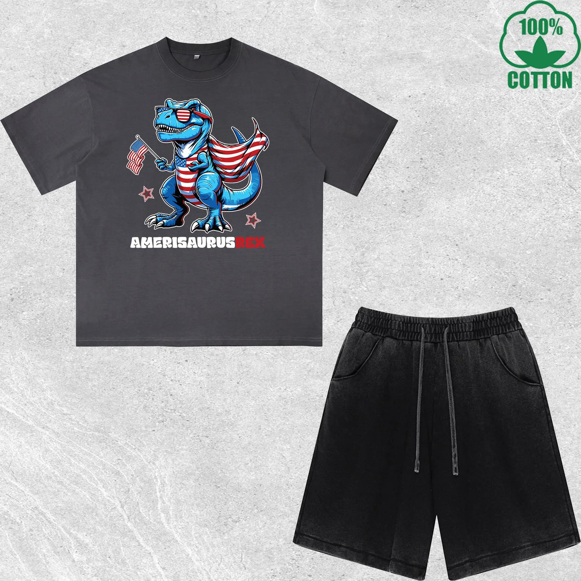 Complete T-shirts and Shorts Amerisaurusrex Printed Usurato effect, Awesome fit, Trendy, Fashionable, 100% Cotton, Black