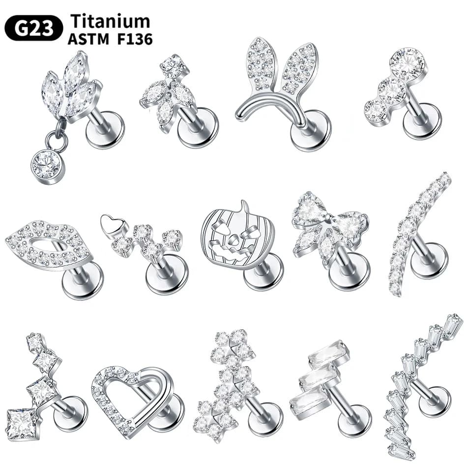 5 Pz G23 Titanio Fiore Cuore Orecchio Cartilagine Orecchini Helix Piercing Zircone Conch Rook Trago Stud Labret Indietro Gioielli Penetranti