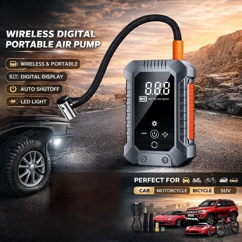 Pompa d'aria elettrica portatile wireless per auto con rilevamento della pressione e funzione di illuminazione, gonfiaggio rapido per SUV/bici/palloni, uso esterno