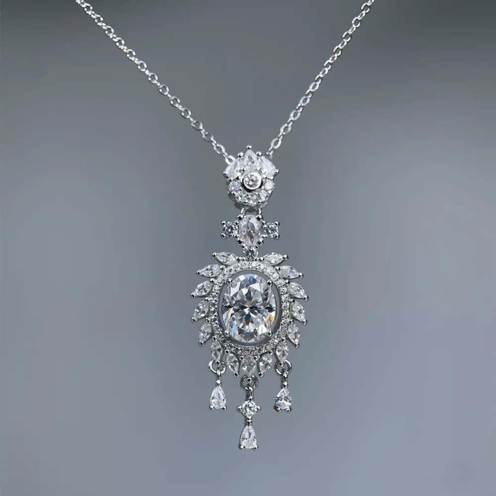 S925 Rhodium Plated 7x9mm 2CT D Color Oval Moissanite "Dreamcatcher" Pendant Necklace for Women Elegant Jewelry Gift.