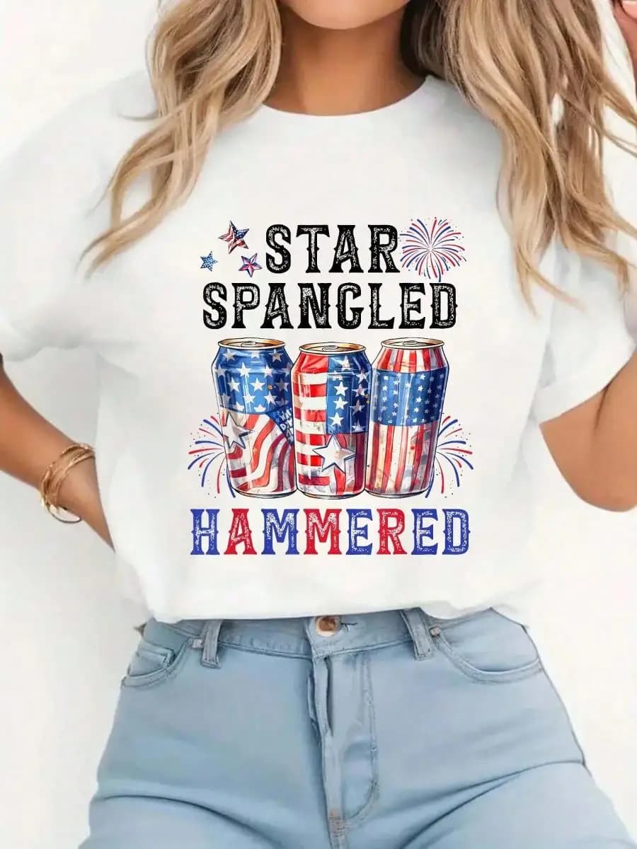 White Top, Star Spangled Hammered Beer Lover Funny 4Th Of July T-Shirt Women s Casual Short Sleeve Crew Neck T-Shirts - Perfect For Holiday Seaso