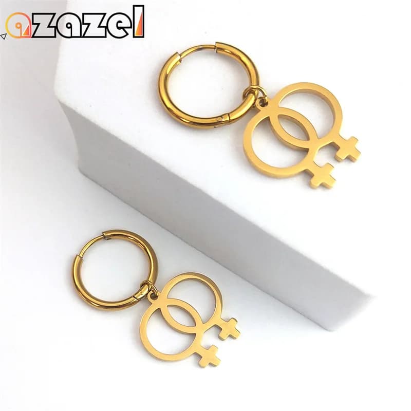 Moda femminista simbolo di genere ragazze orecchino a cerchio per le donne in acciaio inossidabile color oro ciondola orecchini pendenti gioielli E1714S08