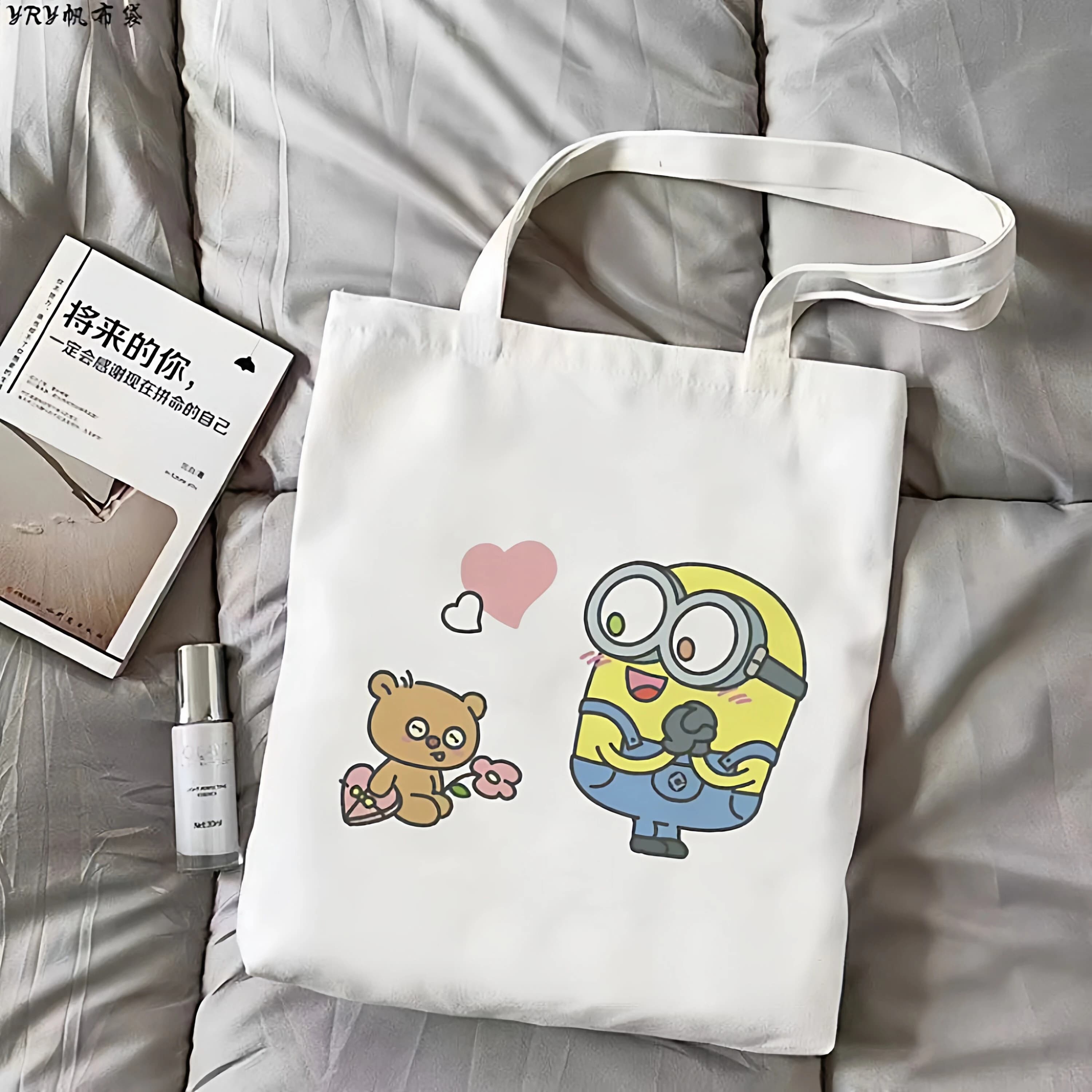 2026 Summer Sweet Cartoon Canvas Tote Bag, Romantic Heart Minion and Little Bear Print Casual Travel Shoulder Bag Kids