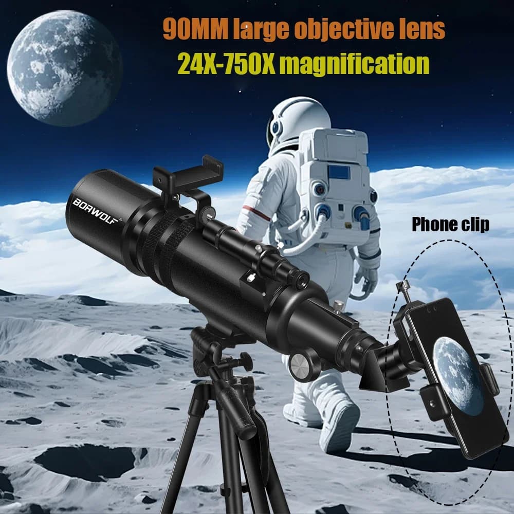 BORWOLF 90600 Telescopio astronomico 24X-250X Alta definizione 90 mm Apertura 600 mm per l'osservazione delle stelle lunari e il birdwatching