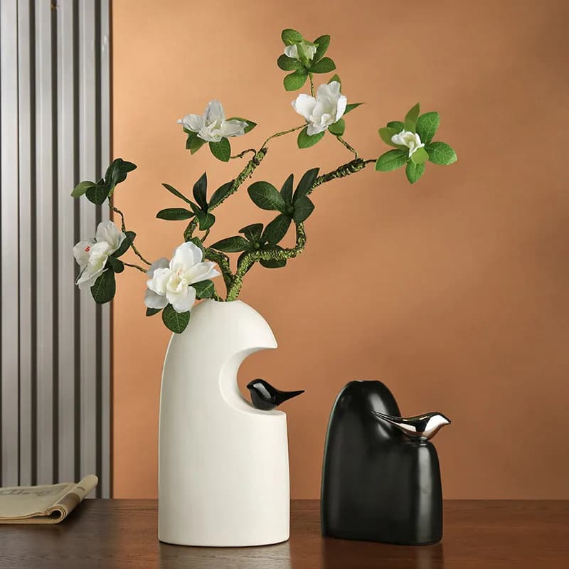 Vaso in Ceramica Moderno con Scultura di Uccello, Vaso Semplice per Decorazione Soggiorno, Accessori per Composizioni Floreali