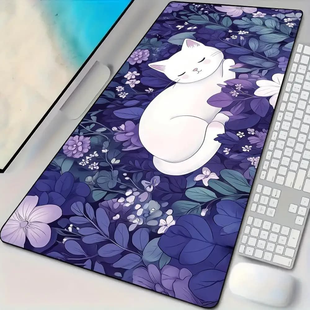 Tappetino per mouse dal design romantico con motivo floreale e gatto bianco, tappetino per mouse da ufficio antiscivolo, accessori per PC, tappetini da gioco, tapis souris
