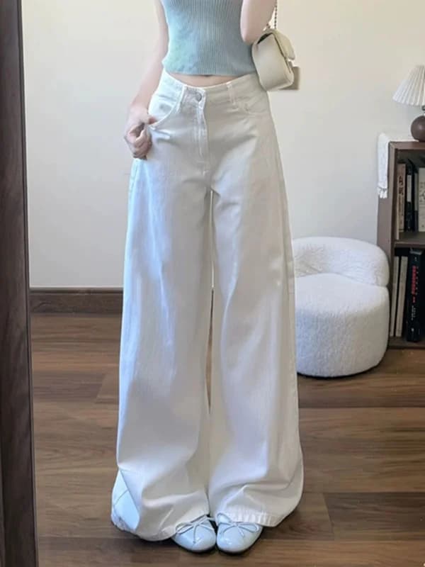 Jeans Bianchi a Vita Alta e Gamba Dritta da Donna, Casual, Versatili, Modellanti, a Gamba Larga, Taglia Piccola, Pantaloni Lunghi