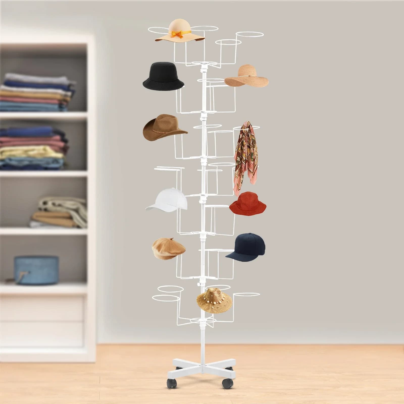 White 64.96 Inch Tall Coat Hat Rack, 7-Tier Storage Shelves with 35 Multi Hooks, Rolling Garment Organizer, Freestanding Clothing Storage Stand