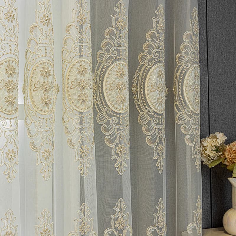 High-end European pearl lace embroidered transparent curtains for living rooms, beige tulle curtains for bedroom, home window curtains