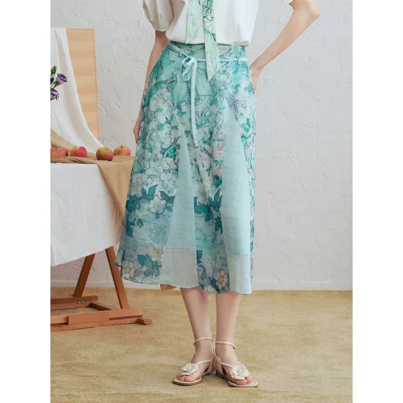 Van Gogh-inspired artsy tie-back a-line skirt with fresh print
