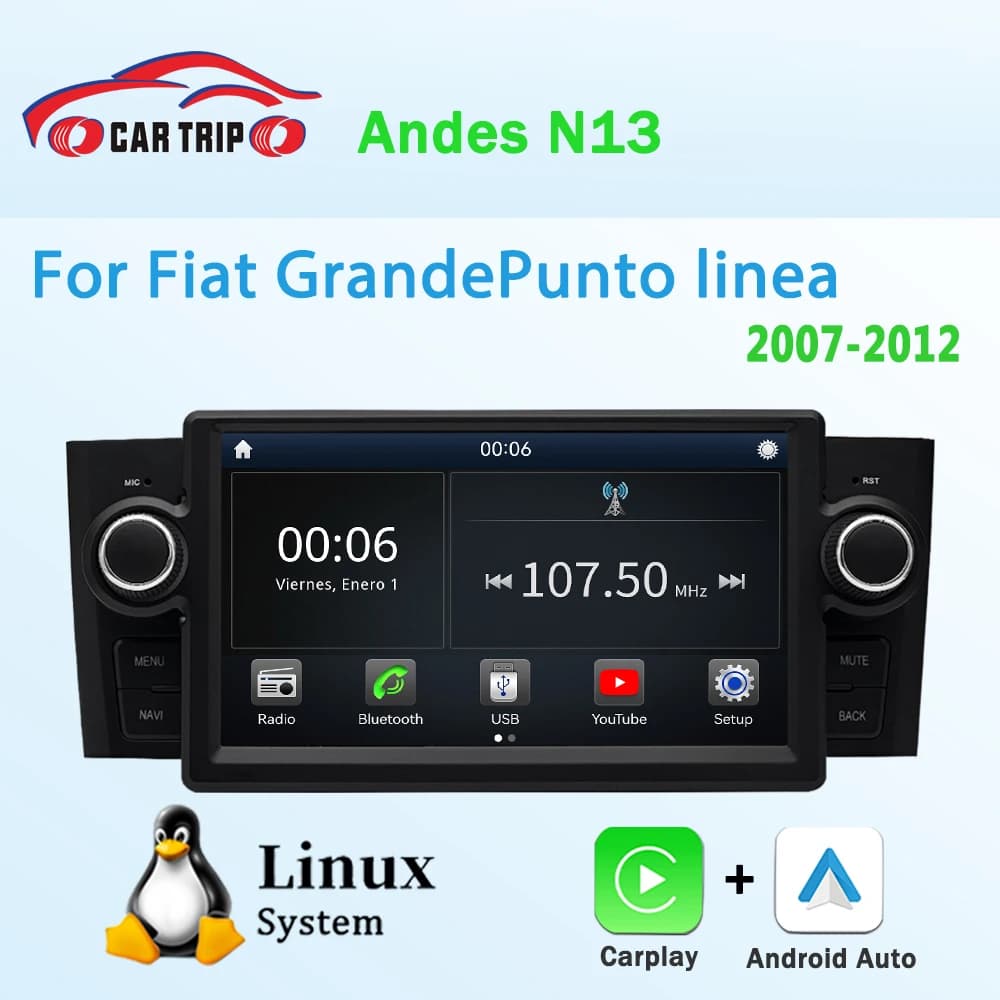 Lettore multimediale per auto con sistema Linux da 7'' per Fiat Linea Grande Punto 2007-2012 con CarPlay Android Auto Audio Touch Screen GPS Nav