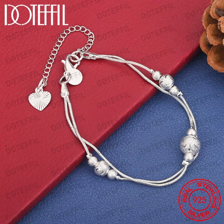 925 Sterling Silver 8-inch Delicate Double-Layer Frosted Bead Bracelet for Women, Fashionable Party Gift Accessories