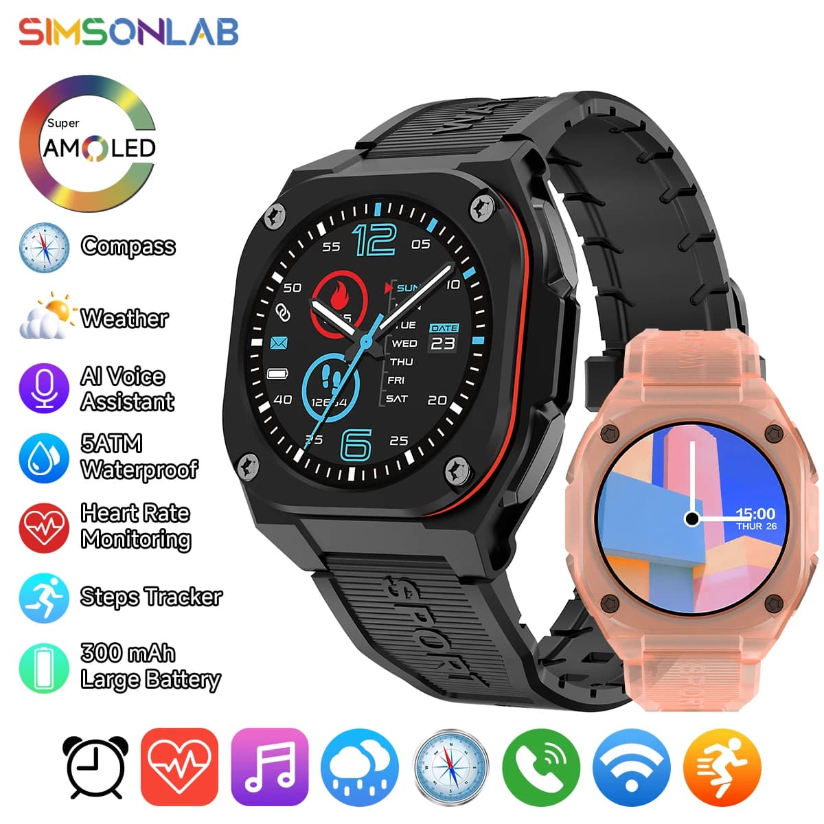 Nuovo Smartwatch Sportivo 2026 con Schermo AMOLED, Monitoraggio Cardiaco 24 Ore, Bussola, Chiamate Wireless, Impermeabile 5 ATM per Uomini e Donne